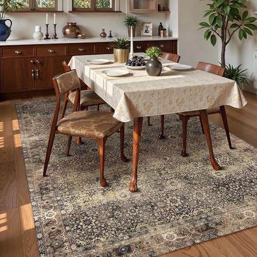 Washable Area Rug 5' x 7' Vintage Traditional Persian Mat - Foldable Distressed Non-Slip Machine Washable Carpet for Living Room Bedroom Kitchen Home Decor - Umber and Slate - Image 3