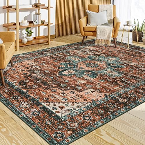 Moynesa Ultra-Thin Vintage Area Rug - 6x9 Washable Bedroom Rug Large Living Room Rug Non-Slip Dining Room Mat, Oriental Printed Low Pile Nursery Carpet for Office Kitchen Entryway, Brick Red/Dull Teal by Moynesa