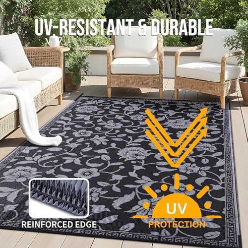 OLANLY Outdoor Rug 9x12 ft Waterproof Reversible Floral Mat, Black & Grey - Image 4