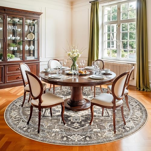 RUUGME Ultra-Thin Washable Round Rug - 6ft Large Dining Room Round Area Rug Vintage Stain Resistant Carpet for Living Room Bedroom Non-Slip Backing Soft Low Pile Floor Mat for Nursery(Beige,6'Round) - Image 4