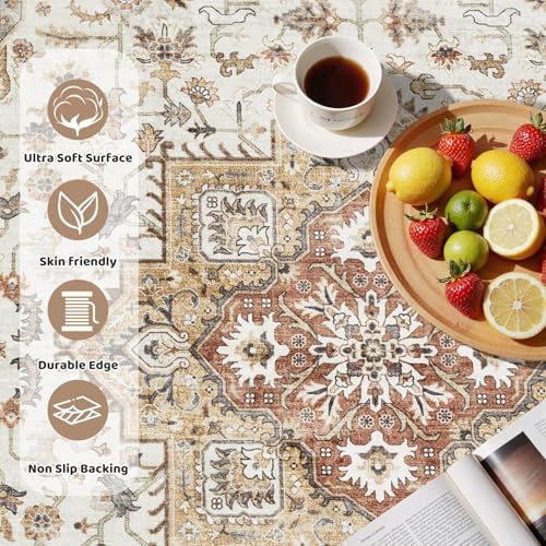 cotiled 8ft Round Living Room Area Rug, Washable, Traditional, Golden Taupe - Image 3