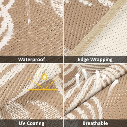 Pauwer Outdoor Rug 6ft, Waterproof Plastic Straw Camping Rug, Boho Brown - Image 3