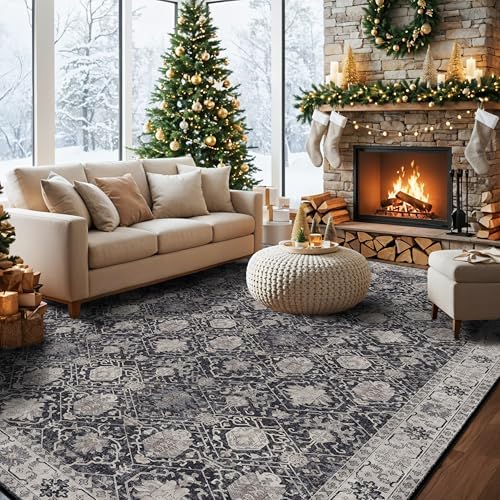 Vintage 10x14 Washable Area Rug: Large Living Room Rugs Indoor Soft Stain Resistant Carpet with Non-Slip Backing for Bedroom Dining Room Farmhouse Low Pile Floor Mat for King Size Bed (10x14 Black) by HYHAOYUNLAI