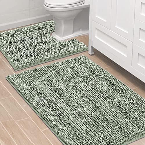 H.VERSAILTEX Bathroom Rugs Bath Rug Set 2 Piece Bathroom Contour Rug Toilet Mat Sets Non Slip Contour Bath Rug Ultra Thick Water Absorbent Striped Bath Mats Washable(36" x 24" Plus 20" x 24" U, Sage) by HVERSAILTEX