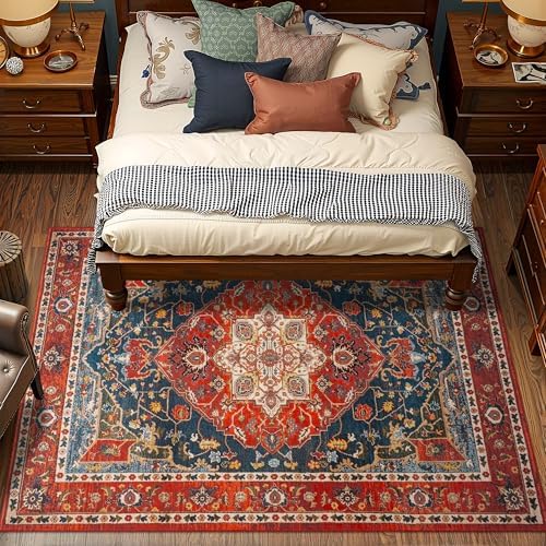 YJ.GWL Area Rugs for Living Room 5x7 Machine Washable Rugs, Non Slip Floral Vintage Rug Indoor Carpet, Stain Resistant Large Rug for Bedroom Dining Room, Orange-Red - Image 4