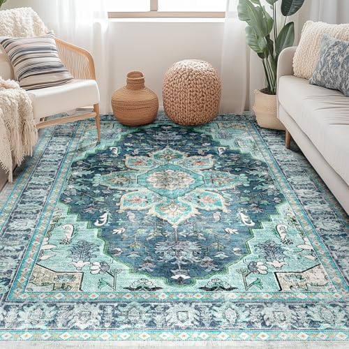 BESTSWEETIE Washable Boho 3x5 Area Rug for Living Room, Teal Dark Green - Image 2