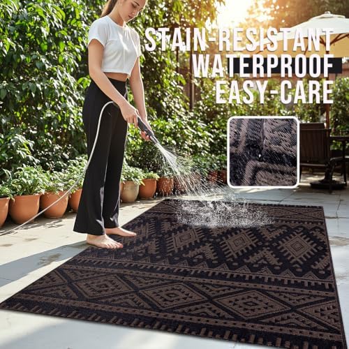 OLANLY Outdoor Rug 5x8 ft Waterproof Reversible Boho Mat, Black & Brown - Image 3