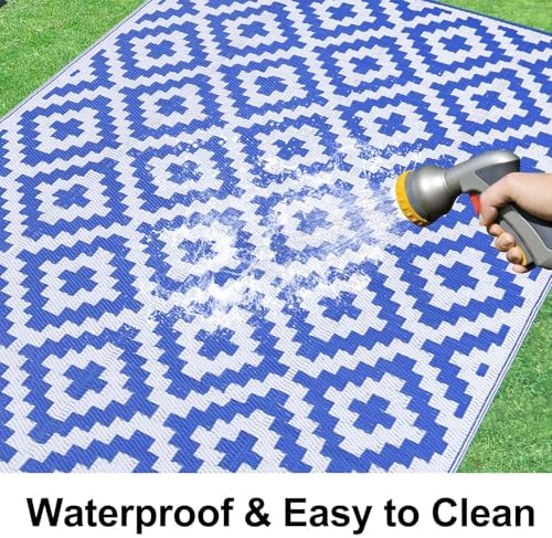 Smiry Outdoor Rug 5x8 ft Waterproof Reversible Boho Mat, White & Blue - Image 2