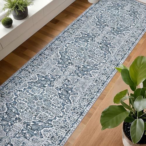 KUTA Extra Long Hallway Runner2.6x20 Washable Blue Vintage Stair Runners - Image 3