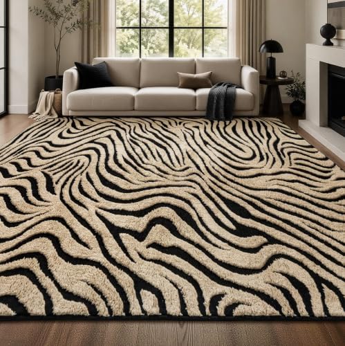 YIHOUSE 8×10 Ft Zebra Area Rugs Black and Beige: Washable Nonslip Plush Soft Rug for Living Room - High-Low Striped Carpet for Bedroom Dining Room Office Playroom Nursery Home Decor by YIHOUSE