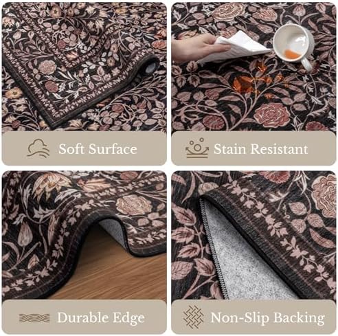 10x14 Area Rug Living Room: Soft Floral Washable Carpet Brown - Image 7