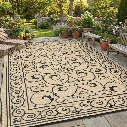 GAOMON Outdoor Rug Waterproof 9x12 Patio Rug Durable Indoor Outdoor RV Mat, Reversible Camping Carpet, Foldable Plastic Straw Rug for Patio, Porch, Deck, Balcony, Beach,Vintage-Black&Beige by GaoMon