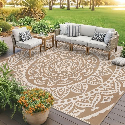 Bsmathom Waterproof Outdoor Rug 9x12ft Large Reversible Boho Plastic Straw Patio Deck Camping Rugs, Indoor Outdoor Portable RV Mat Carpet for Outside, Porch, Balcony, Backyard, Beach, Pool,Brown - Image 2