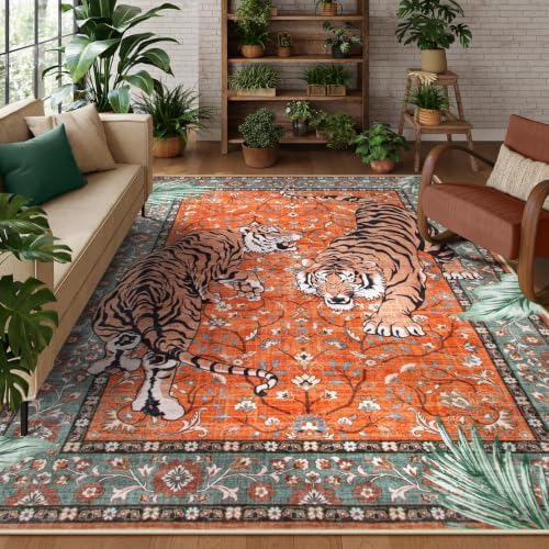 Moynesa Tiger Washable Rugs, 8x10 Area Rugs for Living Room, Soft Large Vintage 8x10 Bedroom Rug, Botanical Non Slip Ultra Thin Floor Carpet for Dining Room Home Office, Rust by Moynesa
