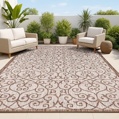 JONATHAN Y Vintage Filigree Indoor Outdoor Area Rug 9X12 Taupe/Espresso, Madrid Textured Weave for Backyard, Patio, Porch, Easy-Cleaning, High Traffic, Pet-Friendly, Non-Shedding (SMB107C-9) by JONATHANY