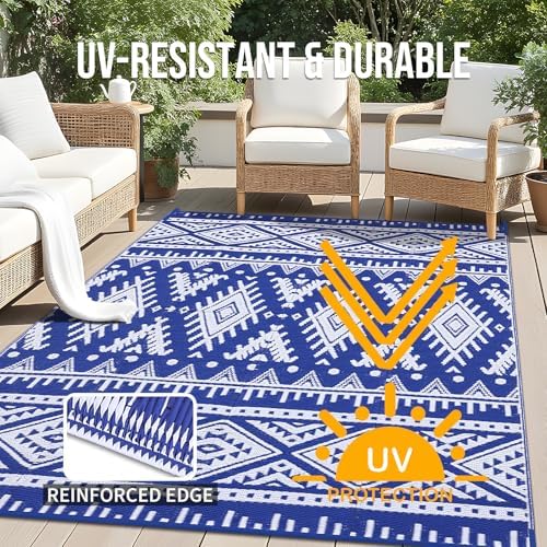 OLANLY Outdoor Rug 6x9 ft Waterproof Reversible Boho Mat, Blue & White - Image 4