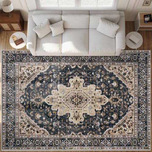 Area Rugs 9x12 Vintage Rug: Large Washable Living Room Rug Retro Medallion Distressed Soft Low Pile Non-Slip Indoor Floor Carpet for Bedroom Dining Table Office (BeigeBlack,9'x12') by MXSANYOORUG