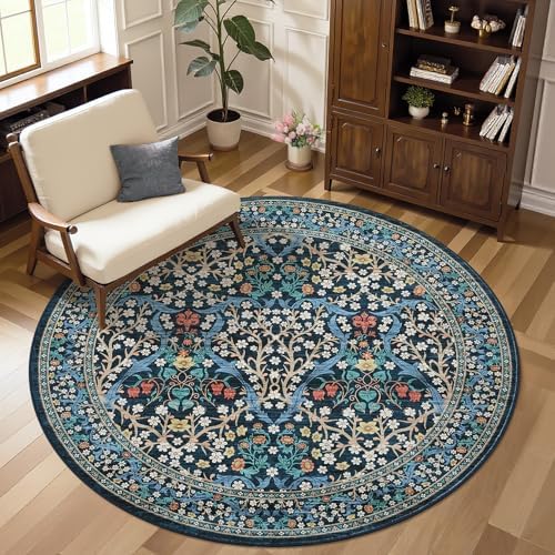 GarveeHome Blue Floral Washable Round Rugs 6ft for Bedroom Living Room by GarveeHome