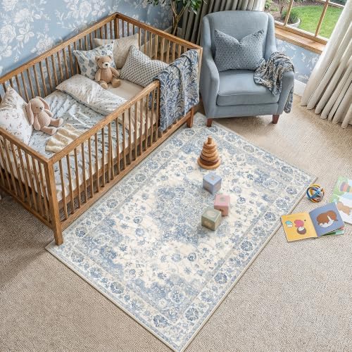 PureCozy Blue Area Rug 3x5 Entryway Vintage Floral Non-Slip Carpet - Image 2