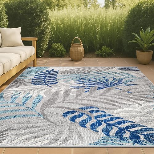 JONATHAN Y Tropics Palm Leaves Indoor Outdoor Area Rug 3X5 Gray/Blue - Image 4