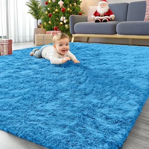 OLANLY 5x7 Machine Washable Large Area Rugs for Living Room, Bedroom, Soft Fluffy Shaggy Bedside Rug, Indoor Floor Carpet for Kids Girls and Boys, Dorms, Nursery, Home Decor Aesthetic, Bright Blue by OLANLY