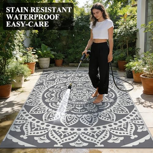 Bsmathom Waterproof Outdoor Rug 6'x9' Reversible Boho Plastic Straw Patio Deck Camping Rugs, Indoor Outdoor Portable RV Mat Clearance Carpet for Outside, Porch, Balcony, Backyard, Beach, Pool,Grey - Image 6