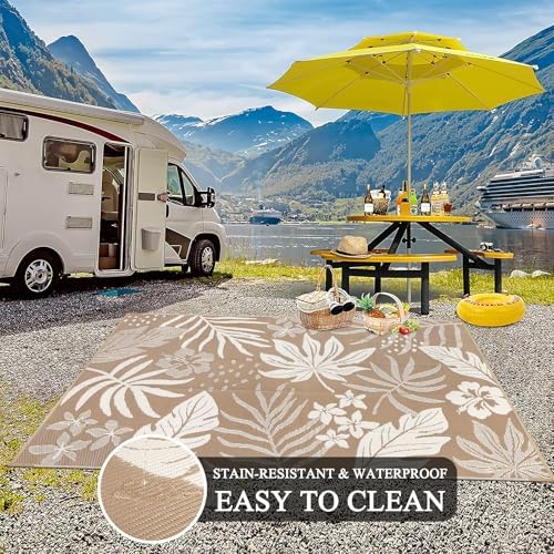 Pauwer Waterproof Outdoor Rug 6x9, Plastic Straw Patio Rug, Floral Brown - Image 5