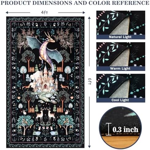 nesrt Washable Bedroom Area Rugs 4x6ft Non Slip, Black Dragon Animal Print Living Room Rugs Low Pile, Soft Castle Kids Nursery Floor Carpets for Dining Room Playroom Study Home Decor - Image 6