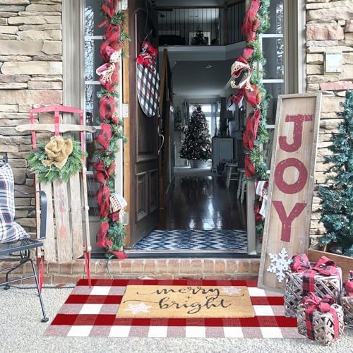 Christmas Plaid Outdoor Rug, 2'x4'3'' Red&White Check Indoor/Outdoor Area Rug, Layering Rug for Hello/Welcome Door Mat, Machine Washable Cotton Woven Rug for Farmhouse Front Porch, Entryway - Image 2
