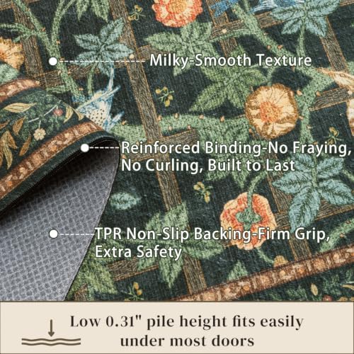 8x10 Washable Area Rug, Green Floral Vintage Rug for Living Room Bedroom - Image 6