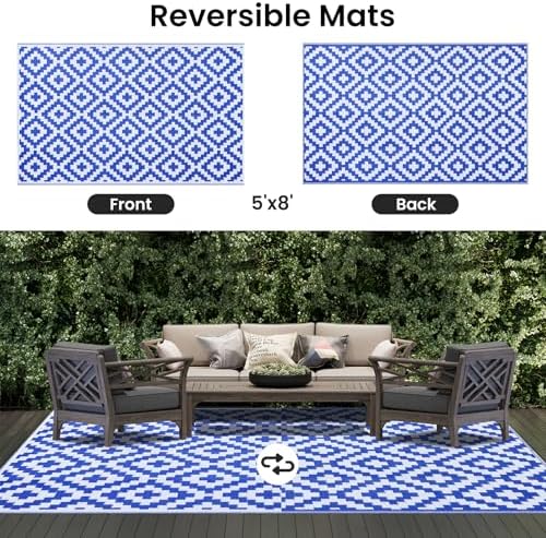 Smiry Outdoor Rug 5x8 ft Waterproof Reversible Boho Mat, White & Blue - Image 3
