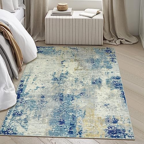 Lahome Modern Abstract Area Rug 4x6, Washable Living Room Rug for Bedroom Entryway Non Slip, Soft Contemporary Indoor Floor Throw Carpet for Apartment Playroom Home Office, Blue - Image 3