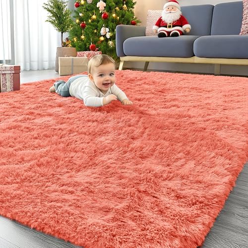 OLANLY 5x7 Machine Washable Large Area Rugs for Living Room, Bedroom, Soft Fluffy Shaggy Bedside Rug, Indoor Floor Carpet for Kids Girls and Boys, Dorms, Nursery, Home Decor Aesthetic, Coral Red by OLANLY