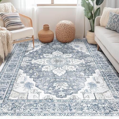 BESTSWEETIE Washable Boho 5x7 Area Rug for Living Room, Blue Grey White by BESTSWEETIE