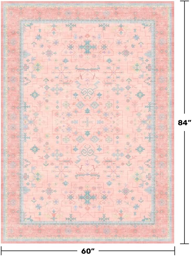 Pink Rugs for Bedroom Girls, 5x7 Washable Area Rug for Living Room Nursery Kids Baby Playroom Indoor Decor, Oushak Floral Vintage Low Pile Boho Non Slip Foldable Carpet - Image 2