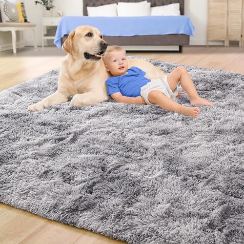 Tepook Fluffy Large Rugs for Living Room, Area Rug 6x9 Soft Carpet for Bedroom, Modern Shaggy Rug for Kids Boys Girls, Plush Indoor Nursery Home Decor Rug with Non-Slip Bottom, Tie-dye Light Grey - Image 4