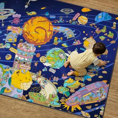 Hazo Haus Galaxy 8x10 Educational Kids Rug for Classroom – Interactive Solar System Design with Planets, Spaceships, Astronauts & Fun Characters – Perfect for STEM Learning & Creative Play Spaces - Image 3