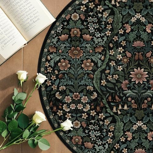 Round Rug 4ft Floral Circle Rug Black Botanical Indoor Area Rugs - Image 4
