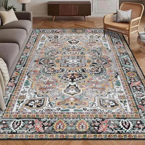 Washable Area Rug 8' x 10' Vintage Traditional Persian Mat - Foldable Distressed Non-Slip Machine Washable Carpet for Living Room Bedroom Kitchen Home Decor - Slate and Multicolor by Unknown