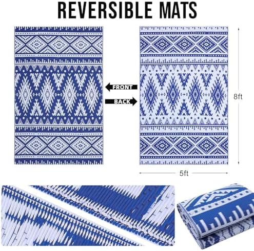 OLANLY Outdoor Rug 5x8 ft Waterproof Reversible Boho Mat, Blue & White - Image 2