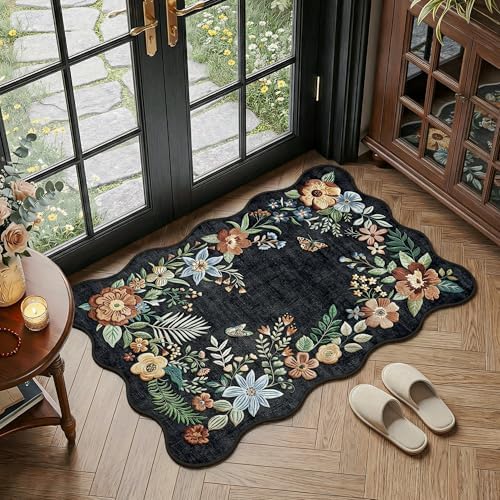 FMFUNCTEX 2x3 Washable Black Floral Vintage Flower Colorful Entryway Rug by Fmfunctex