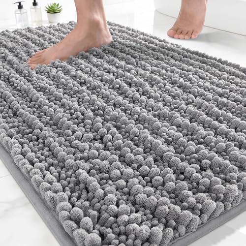 Yimobra Bathroom Rugs Non-Slip Washable – Extra Soft & Absorbent Chenille Bath Mat, Quick-Dry Plush Shaggy Floor & Vanity Bath Rugs for Tub & Shower, Modern Home Decor Accessories, 24 x 17, Grey by Yimobra