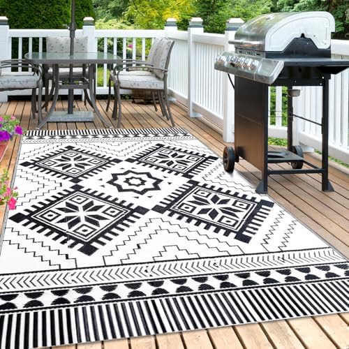 Waterproof Outdoor Rug 5x8ft, Boho Reversible Plastic Straw Mat for Patio RV Deck Porch Backyard Balcony Camping Picnic Beach Indoor Outdoor Carpet, Black&White - Image 6