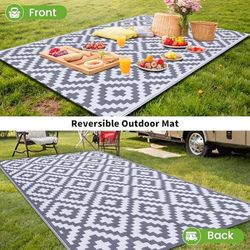 Smiry Outdoor Rug 9x18 ft Waterproof Reversible Boho Mat, White & Grey - Image 6