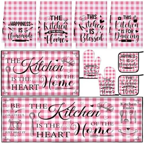 Fourluoo 10 Pcs Pink White Buffalo Plaid Kitchen Decor Set by Fourluoo