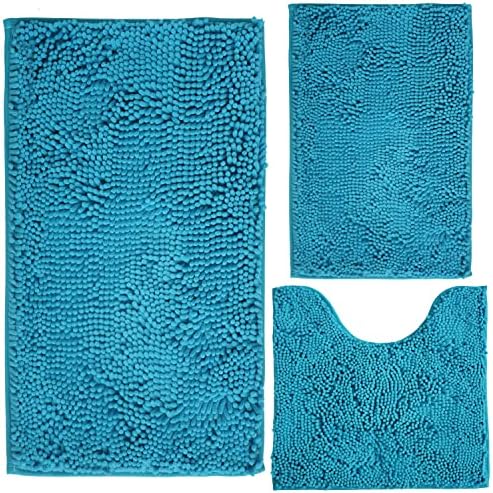 Bathroom Rugs Chenille 3-Piece Extra Soft and Absorbent Shag Bathroom Rugs, Machine Wash Mat, Strong PVC Non-Slip Underside, Plush Carpet Mats (Turquoise) by BOANKODU