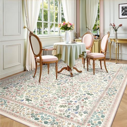 5x7 Area Rugs, Vintage Washable Rug for Bedroom, Indoor Non-Slip Rugs for Living Room, Dining Room, Low Pile Home Decor Floral Rug(Pink Floral) - Image 6
