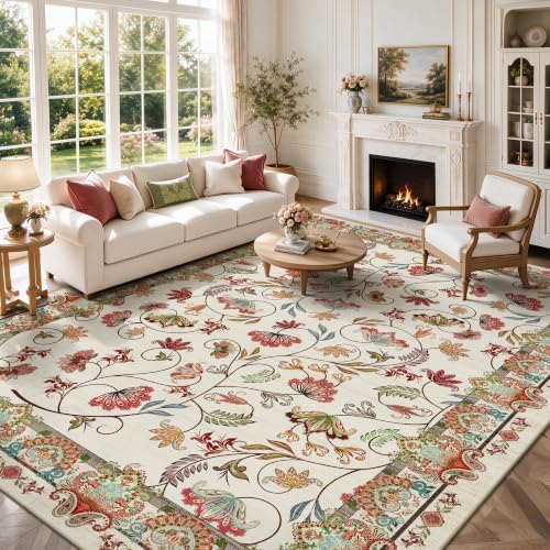 8x10 Area Rugs, Machine Washable Low Pile Floral Rugs for Living Room, Bedroom, Large Vintage Area Rug with Non-Slip Backing for Dining Room(Eden Red) by Yarooge