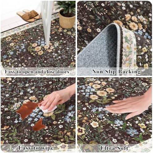 5x5 Living Room Area Rug Washable: Floral Non-Slip Mats for Indoor Floor Entryway Dining Room Bedroom - Soft Thin Carpet for Vintage Neutral Home Decor (5ft Square, Brown) - Image 6