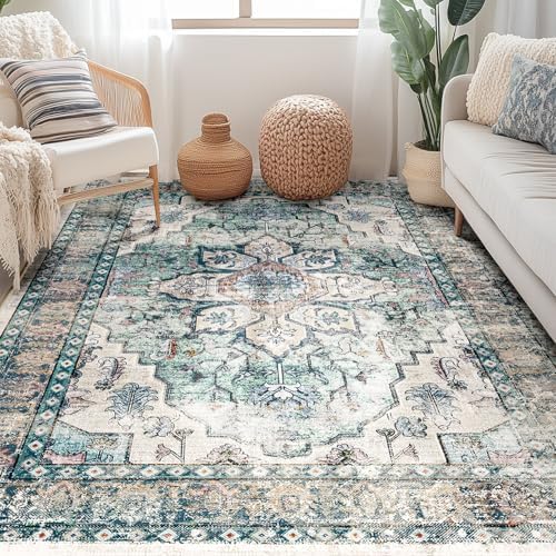BESTSWEETIE Washable Boho 4x6 Area Rug, No Pile for Living Room, Green - Image 2